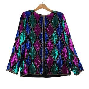 Vintage Joseph LeBon 100% Silk Sequin Beaded Jacket Women's Large Golden Girls